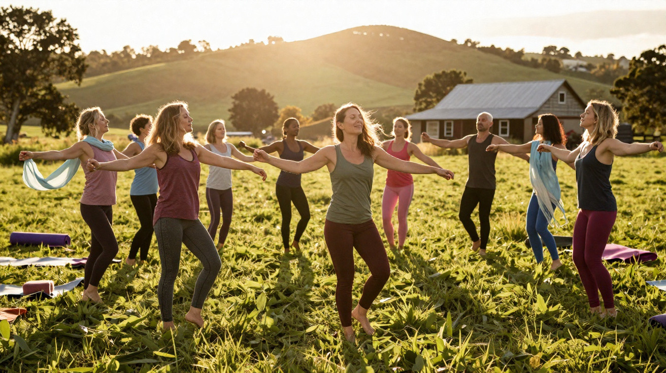 Grupo de pessoas a praticar yoga ao ar livre numa paisagem rural ao pôr do sol.
