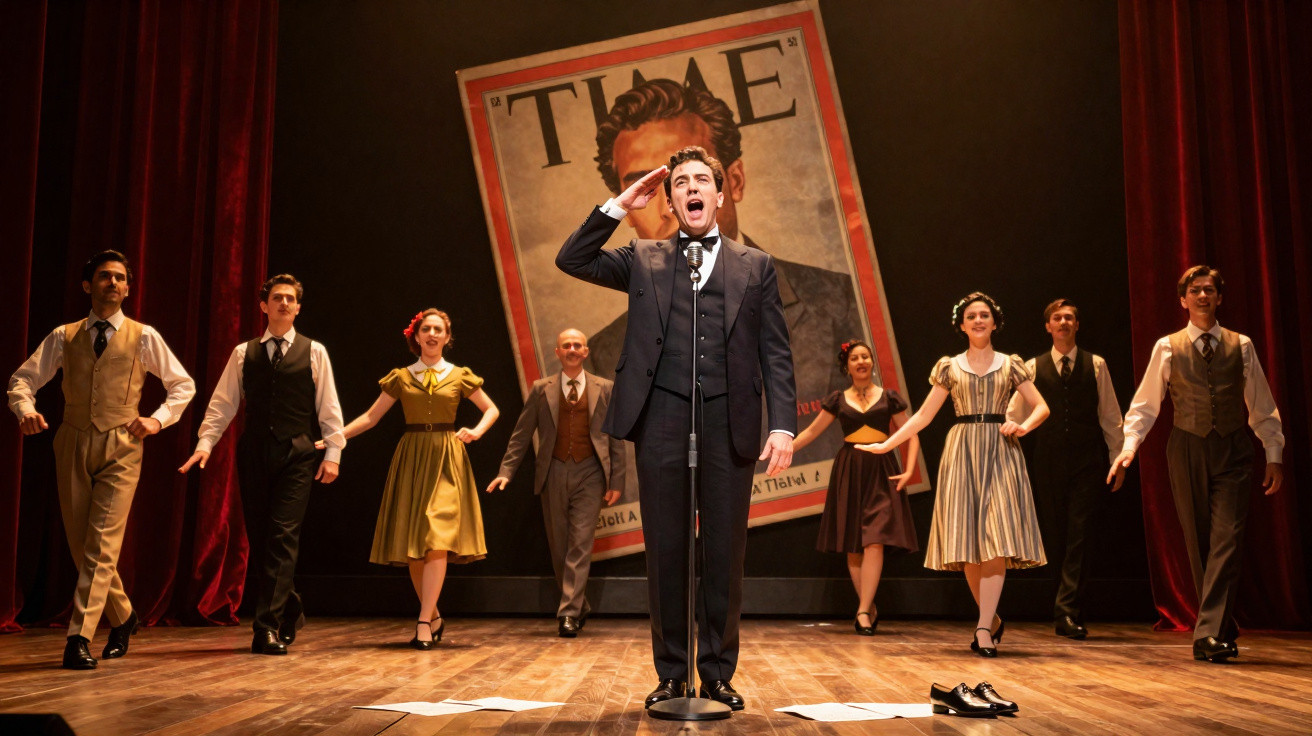 Ator ao microfone e elenco em palco com figurinos vintage, em frente a um grande cartaz da revista TIME.