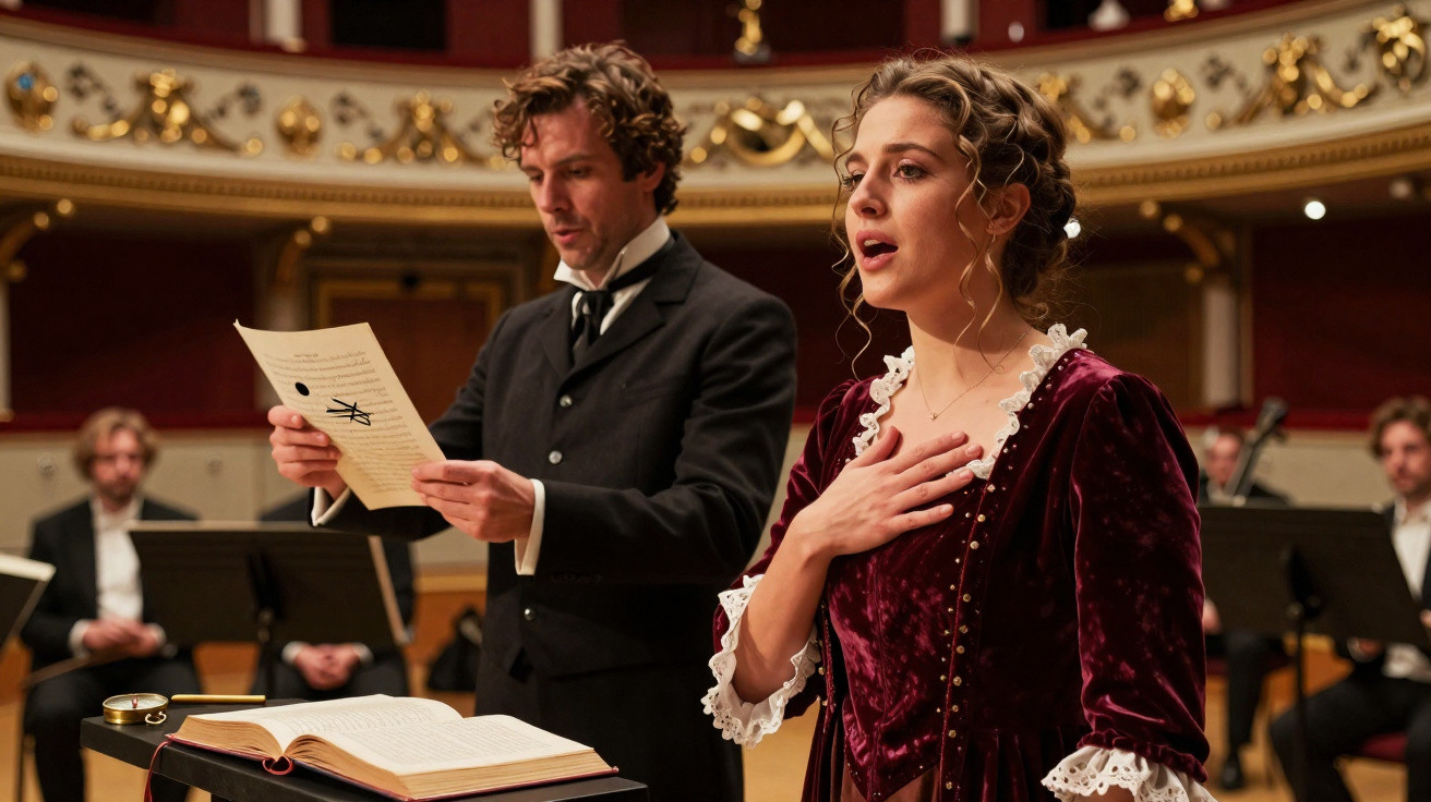 Homem a ler partitura e mulher a cantar vestida com traje histórico numa sala de concerto elegante.