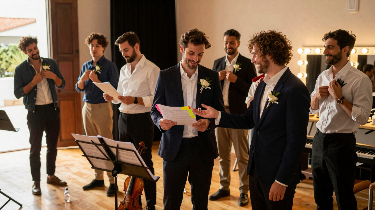 Grupo de homens vestidos formalmente a preparar discurso em sala com partituras e violino.
