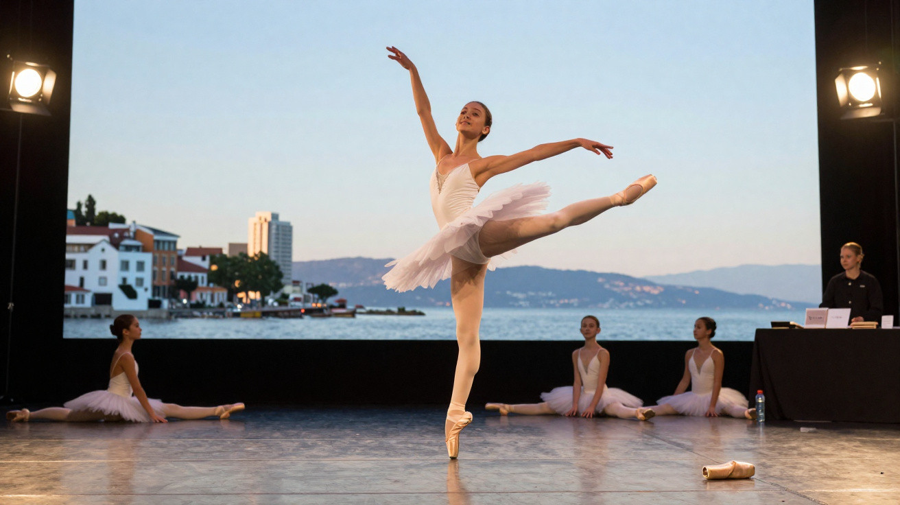 Bailarina de balé em posição elegante em palco ao ar livre, com vista para o mar e outras bailarinas sentadas.