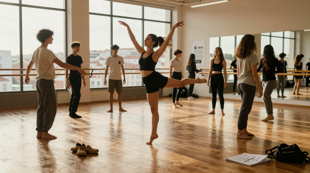 Jovem mulher dança ballet num estúdio com outros aprendizes a observar, em ambiente iluminado e com chão de madeira.