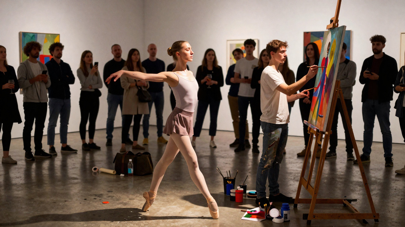 Bailarina em pose sobre pontas ao lado de pintor a pintar numa tela, com público a observar numa galeria de arte.