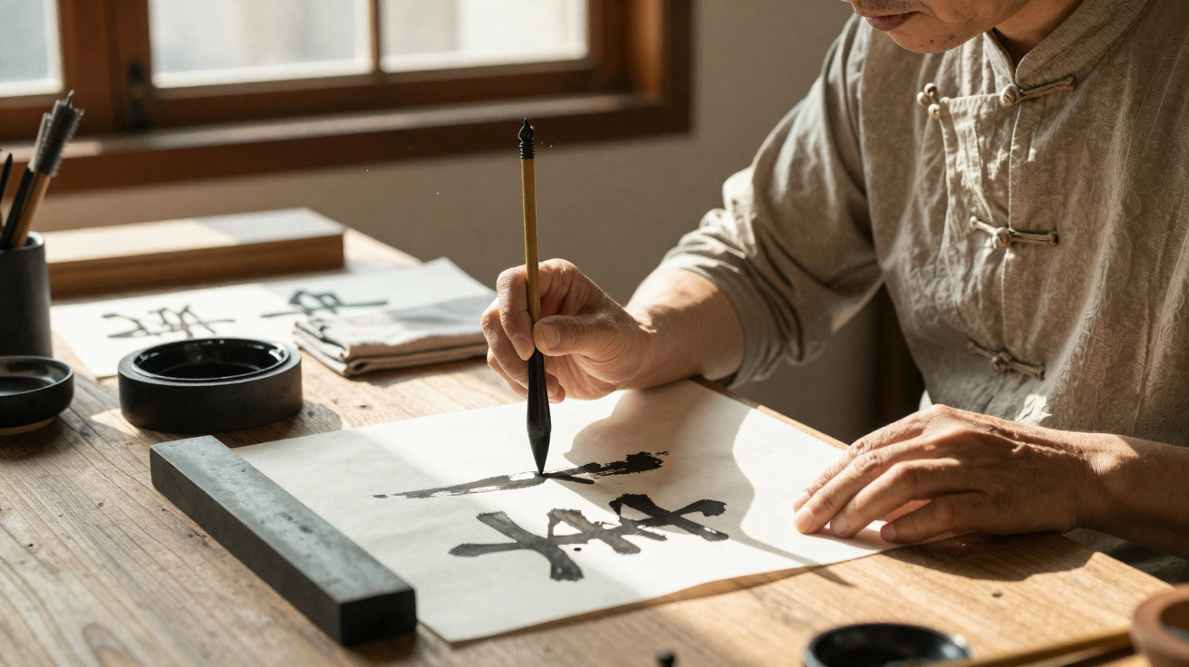 Pessoa a praticar caligrafia chinesa com pincel e tinta preta numa folha branca numa mesa de madeira.