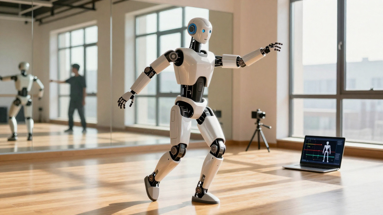Robô humanoide a realizar movimentos de dança num estúdio com espelhos e computador portátil.