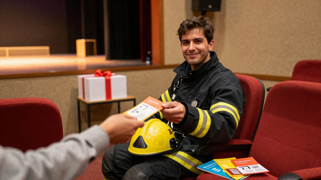 Bombeiro sentado num cinema a receber bilhete de entrada, com capacete amarelo ao colo e livros ao lado.