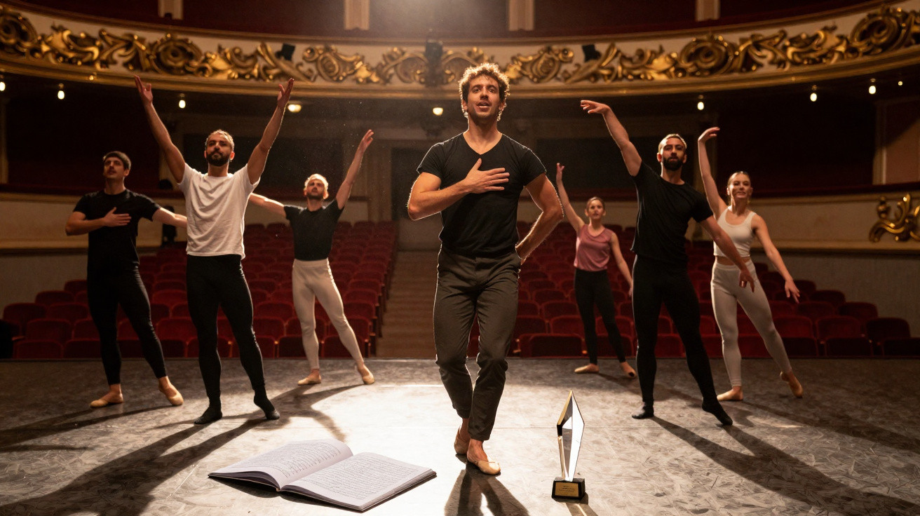 Grupo de bailarinos no palco de um teatro vazio durante ensaio, com caderno e troféu no chão.