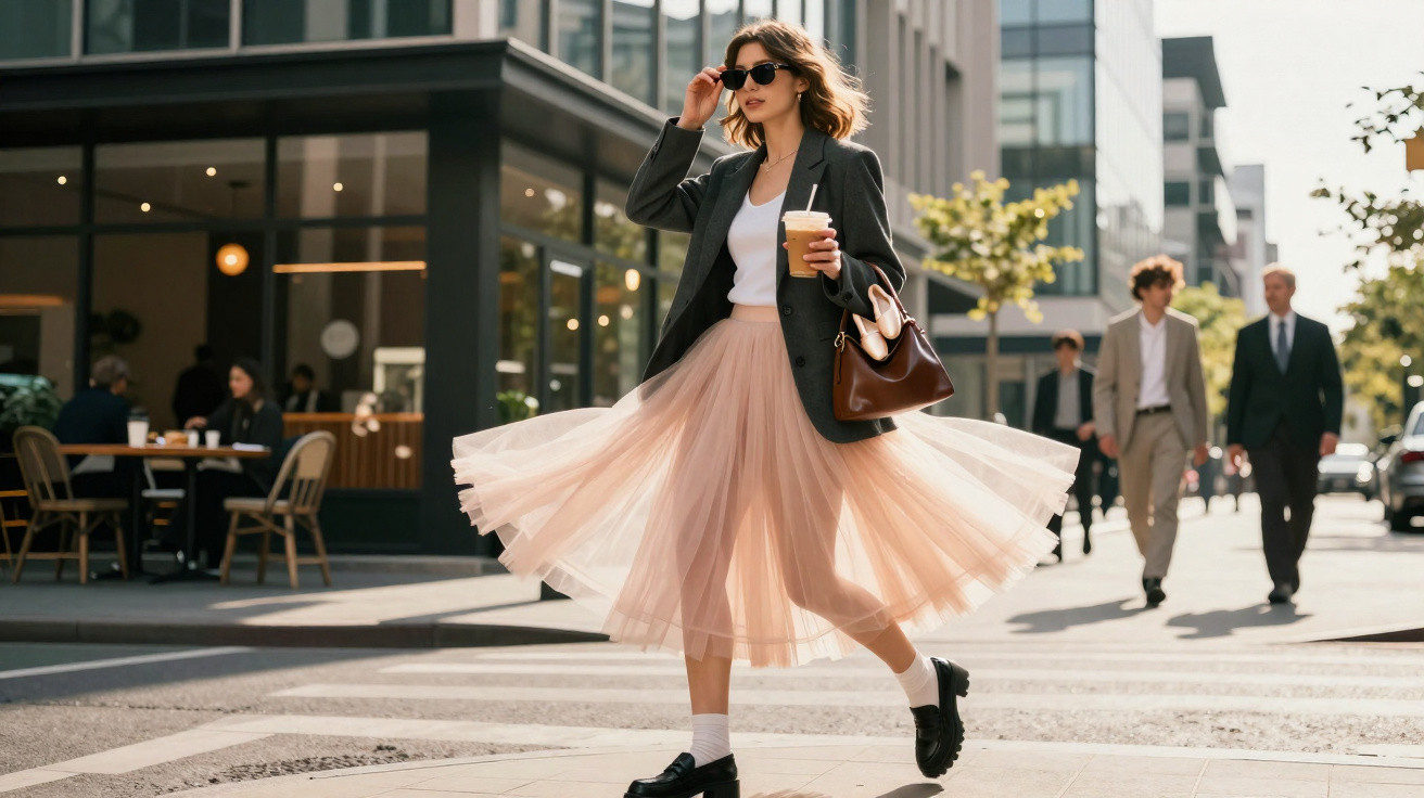 Mulher de saia rodada e blazer, com óculos escuros, a atravessar rua urbana segurando café e mala castanha.