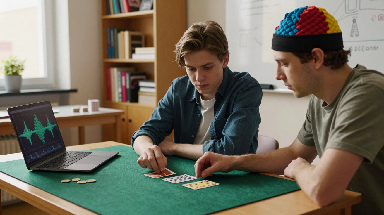 Dois jovens sentados à mesa com cartas e um portátil aberto em ambiente de estudo.