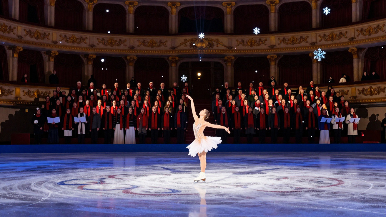 Patinadora artística em vestido branco roda no gelo com coro ao fundo num teatro decorado.