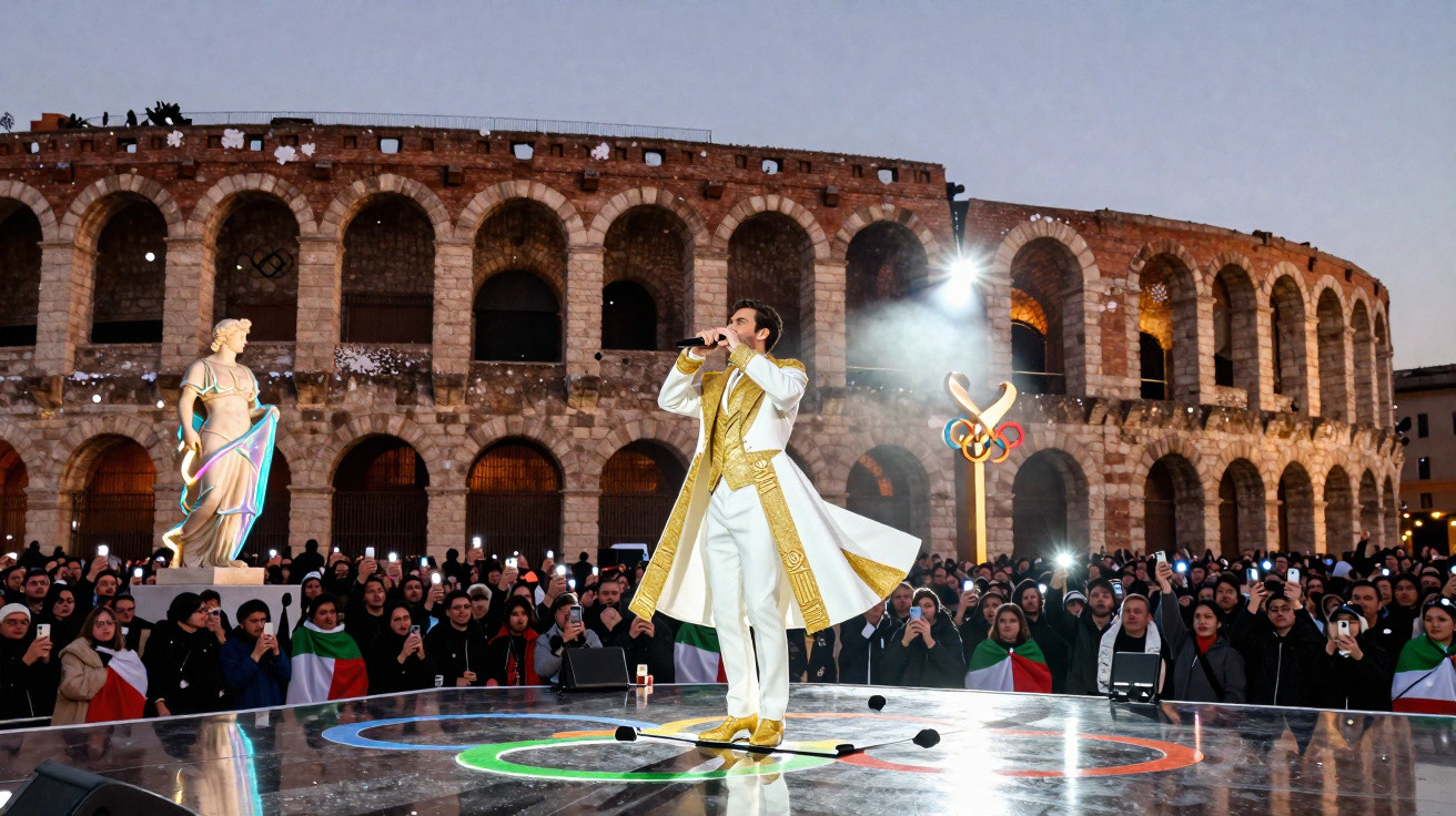Artista vestido de branco e dourado canta em palco iluminado em frente a um anfiteatro antigo com público à noite.