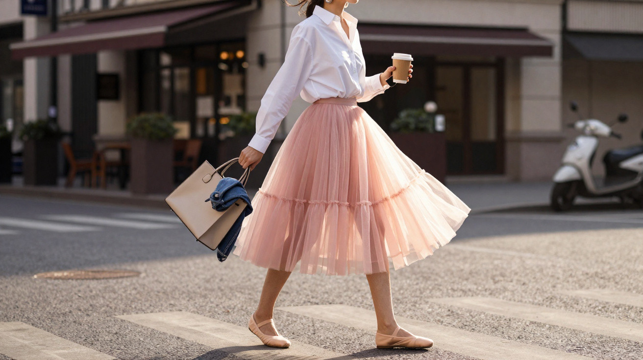 Mulher com saia rosa esvoaçante e camisa branca atravessa rua com café e bolsa na mão.