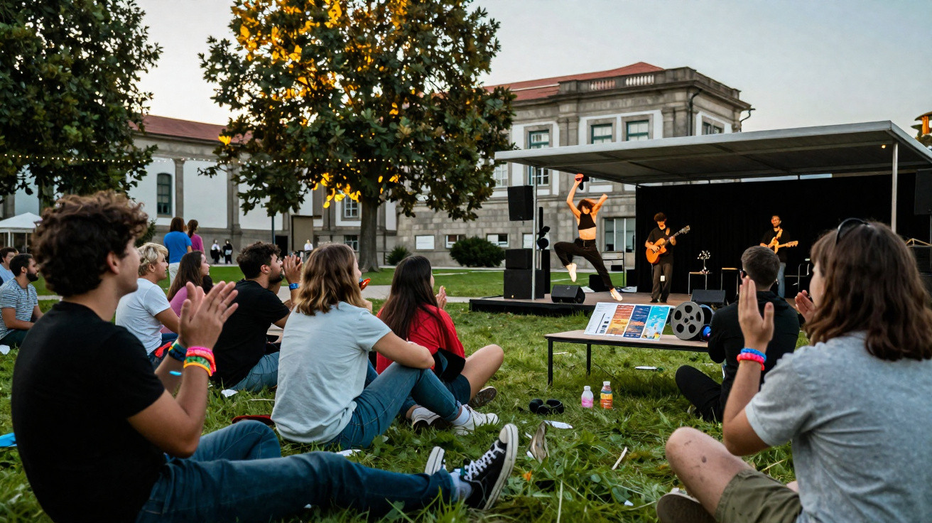 Jovens sentados no relvado a assistir e a aplaudir uma apresentação musical e de dança num palco ao ar livre.