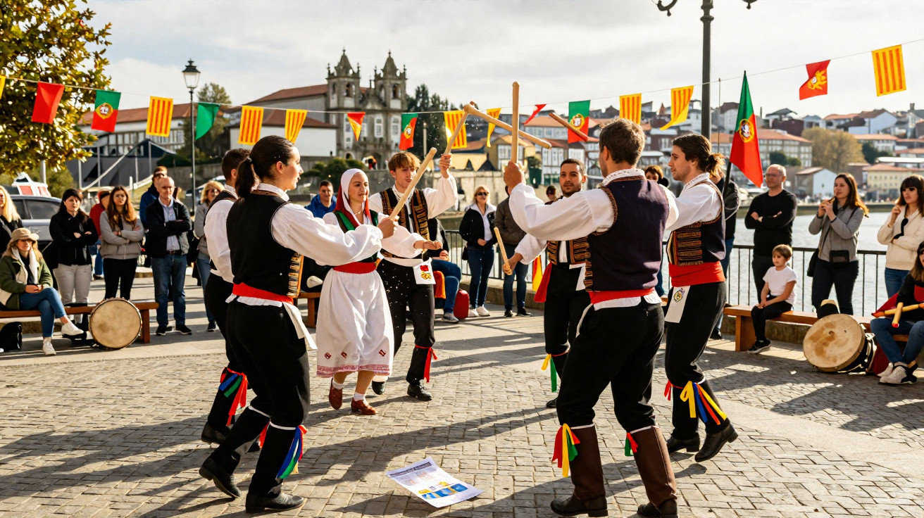 Grupo de pessoas em trajes tradicionais portugueses a dançar com paus durante festa ao ar livre com público a observar.