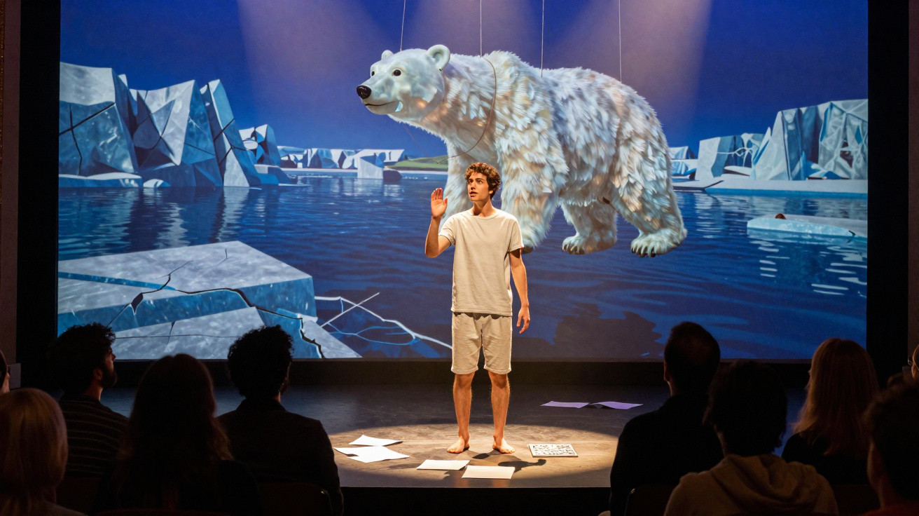 Homem em palco com urso polar gigante projetado num cenário de gelo atrás, perante audiência sentada em teatro.
