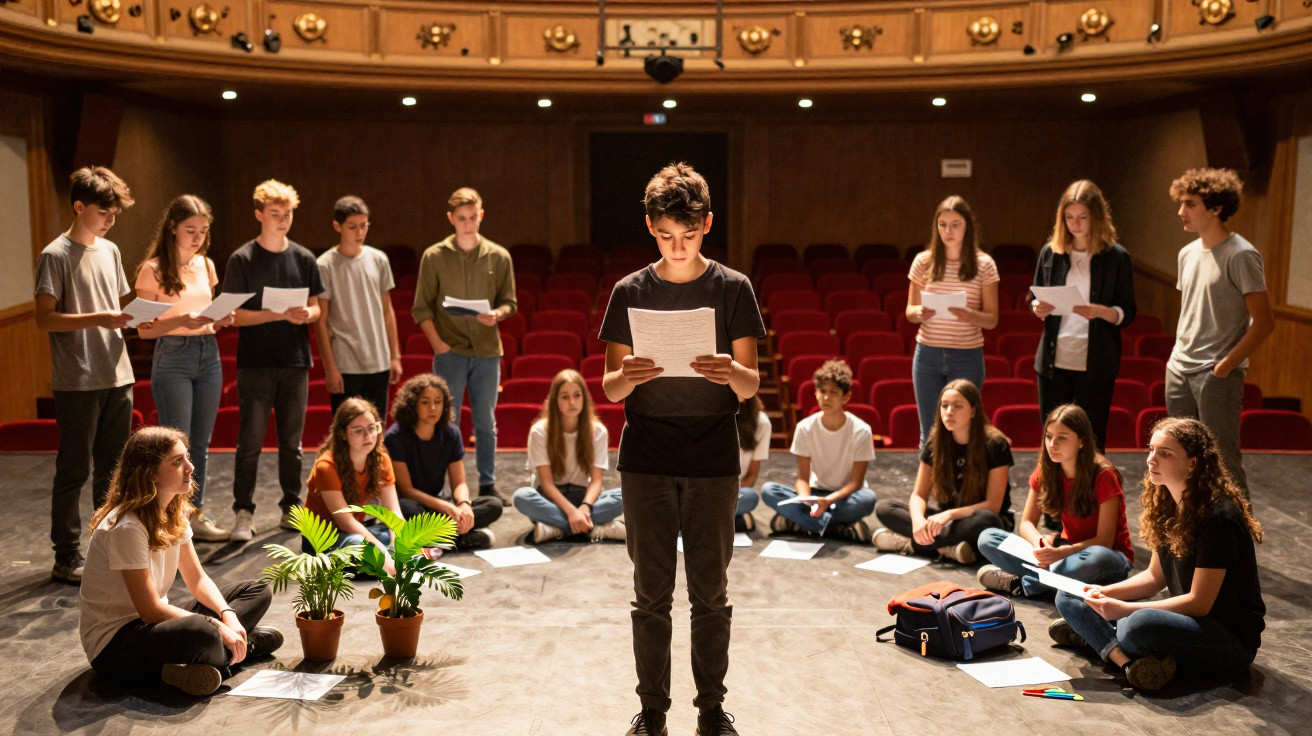 Grupo de jovens ensaiando teatro num palco com cadeiras vermelhas no fundo.