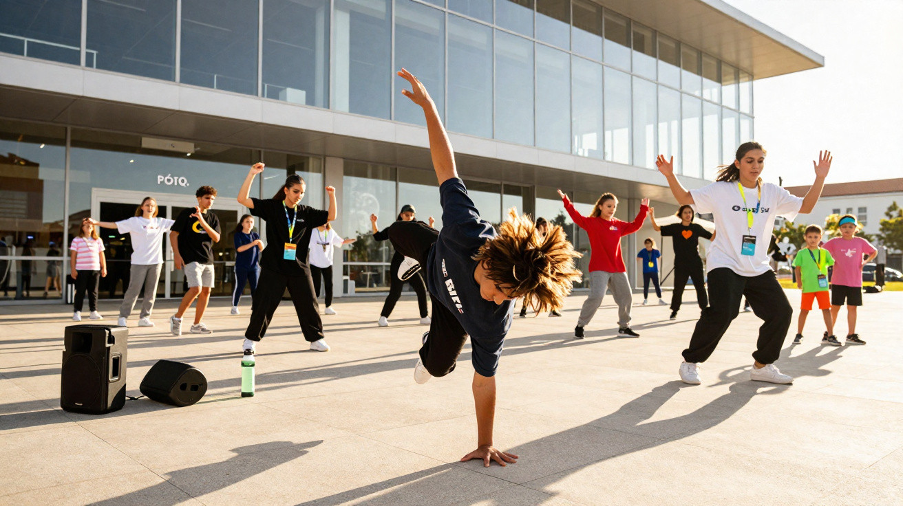 Grupo de jovens a praticar dança urbana em espaço exterior junto a edifício moderno com vidro.