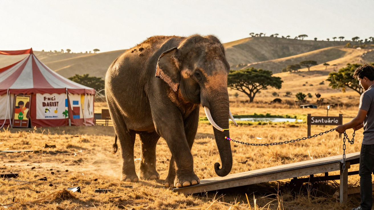Elefante a subir uma rampa com a ajuda de uma pessoa num santuário ao ar livre num campo seco.