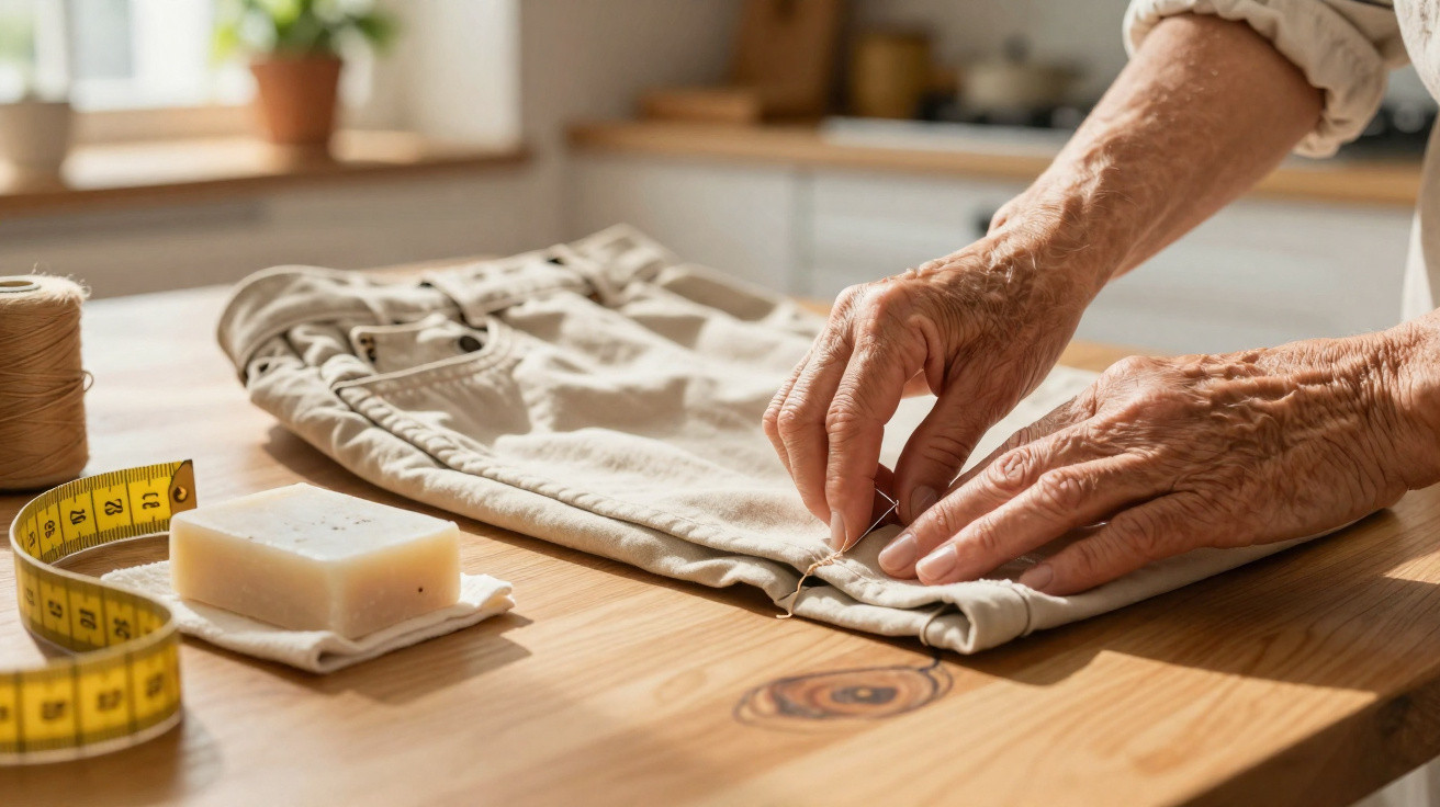 Mãos de pessoa a coser bainha de calças bege numa mesa de madeira com fita métrica e sabão.