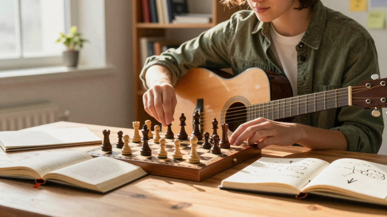 Pessoa a jogar xadrez numa mesa com livros abertos e guitarra apoiada no tronco numa divisão iluminada.