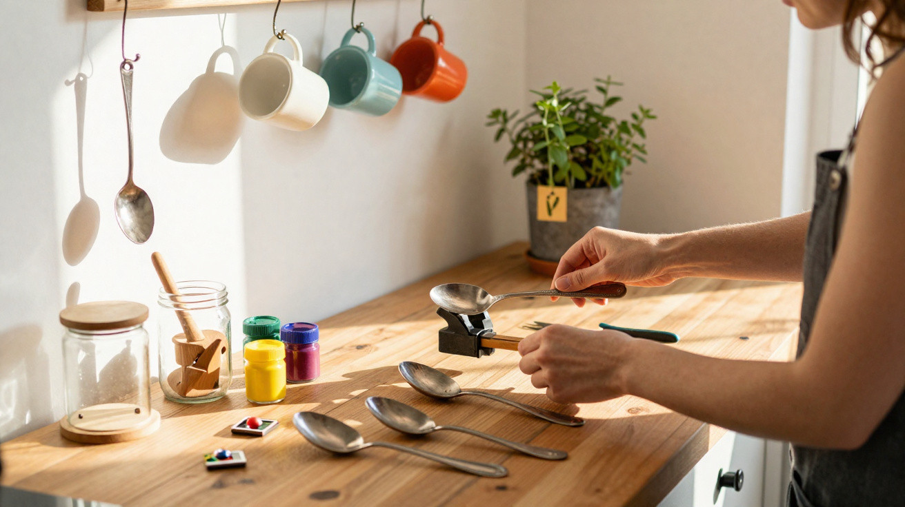 Mãos a escolher tinta com colheres numa bancada de cozinha iluminada, com canecas e plantas ao fundo.