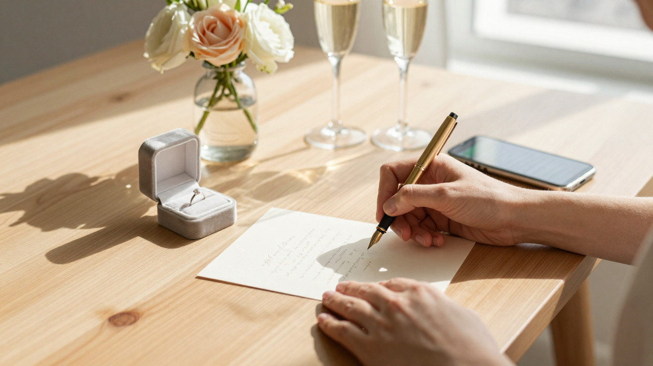 Mãos a escrever carta numa mesa com anel de noivado, flores, telemóvel e duas taças de champanhe.