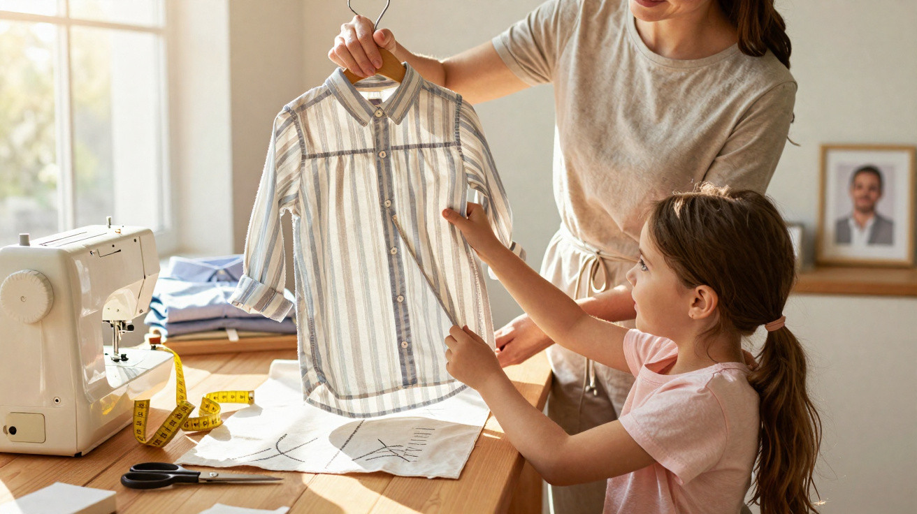Mulher e menina observam camisa de algodão listrada durante atividades de costura em casa.