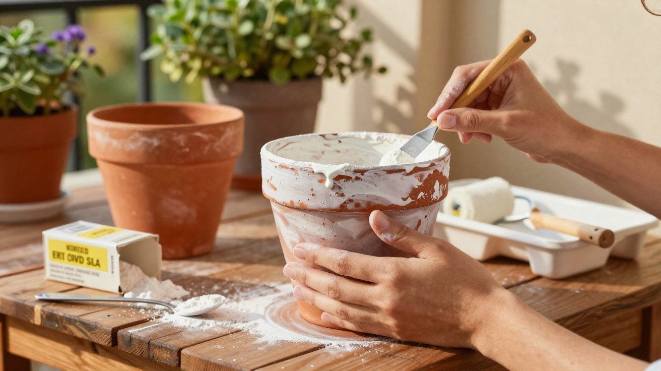 Mãos a aplicar pasta branca com espátula num vaso de barro num ambiente com plantas e luz natural.