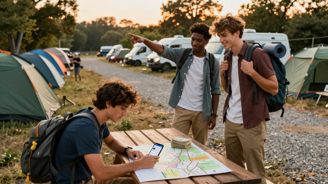 Três jovens com mochilas planeiam rota num parque de campismo com tendas e autocaravanas ao pôr do sol.