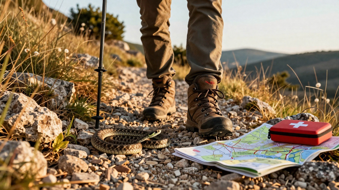 Sapatos de caminhada junto a uma cobra no trilho com mapa e kit de primeiros socorros no chão rochoso.