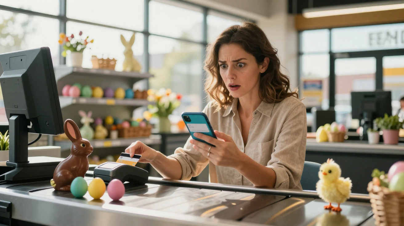 Mulher surpreendida usa telemóvel e cartão de crédito num caixa num ambiente decorado para a Páscoa.