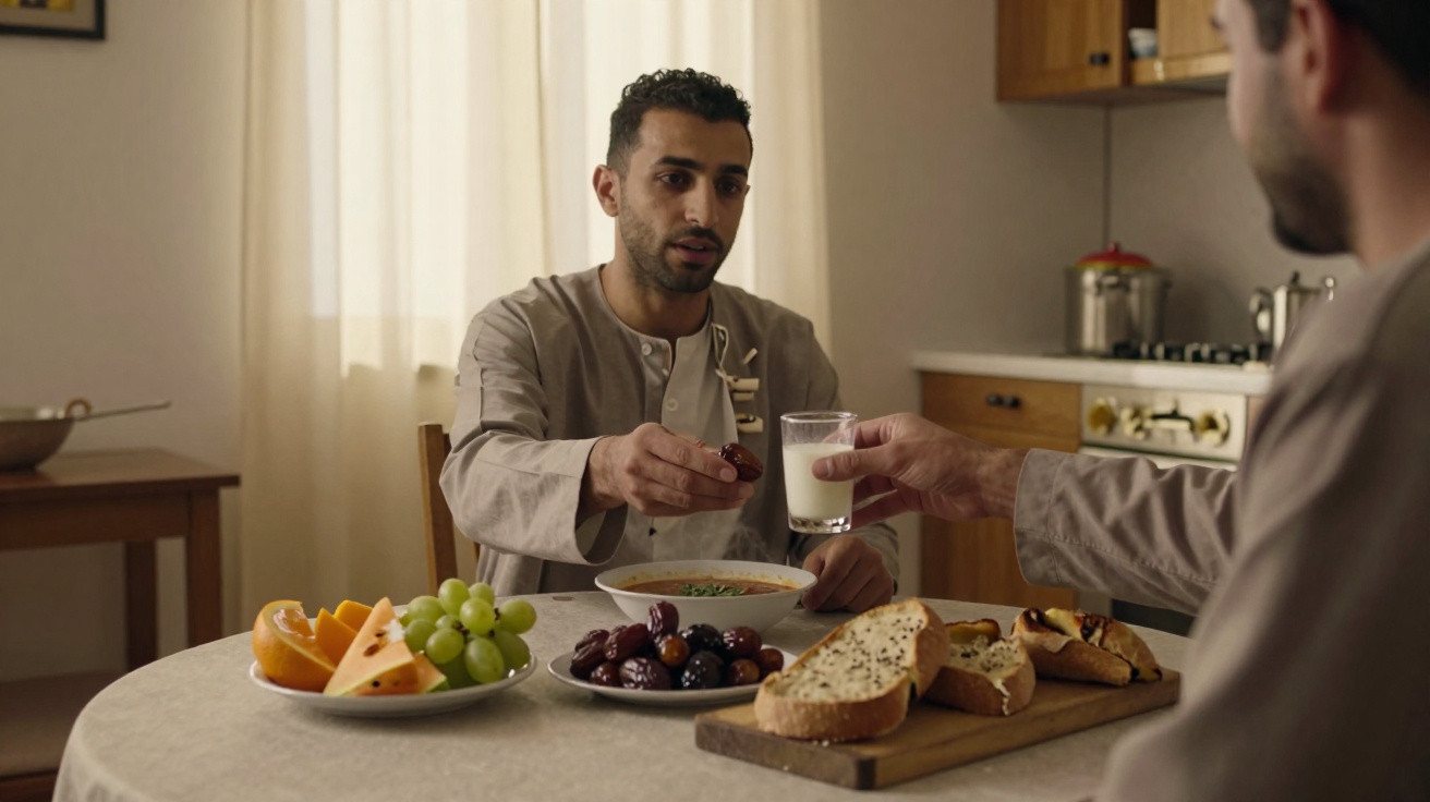 Dois homens a partilhar fruta e leite numa mesa com pão, queijo e uvas.