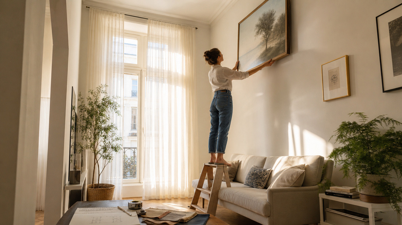 Mulher em casa a pendurar quadro numa parede branca, luz natural entra pela janela com cortinas translucidas.