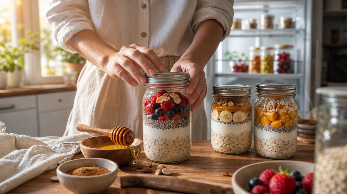 Pessoa a fechar frasco com iogurte, aveia, frutos vermelhos e amêndoas numa cozinha iluminada.