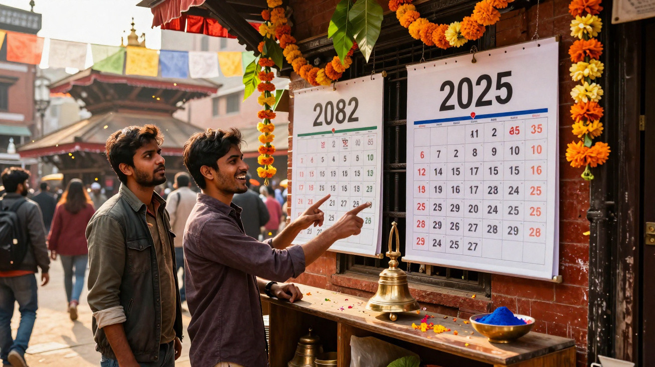 Dois homens observam e apontam para calendários de 2082 e 2025 decorados com flores laranjas num mercado ao ar livre.