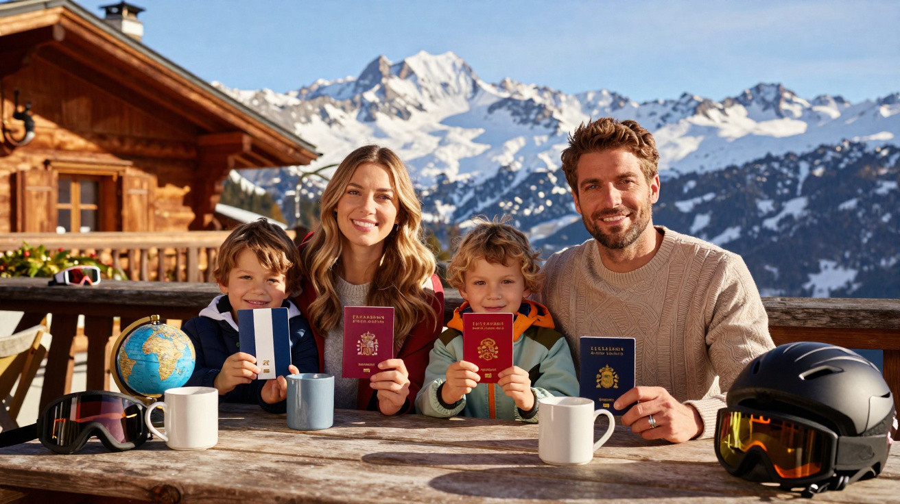 Família sorridente com passaportes na mão, sentada à mesa em chalé de montanha nevada ao fundo.