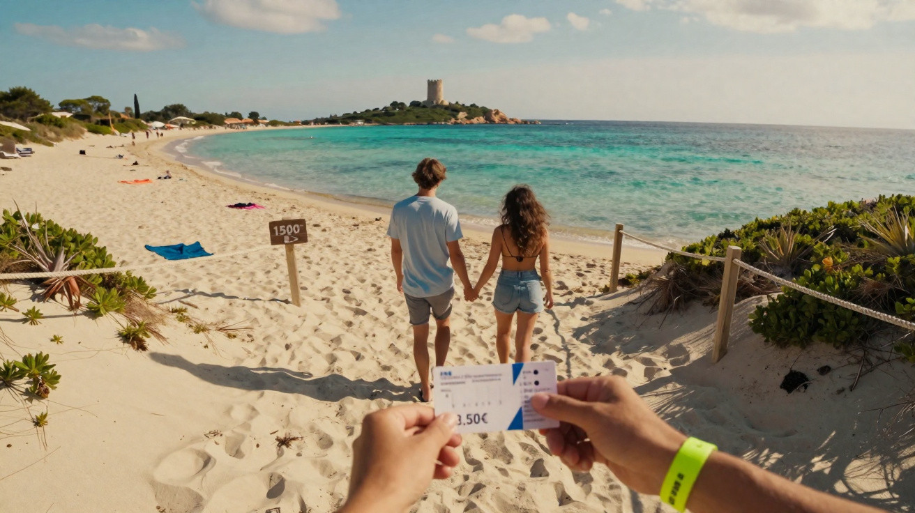 Pessoa a segurar bilhete de acesso à praia, enquanto casal caminha na areia rumo ao mar azul com torre ao fundo.