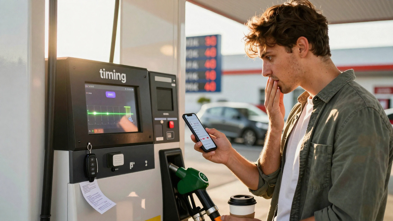 Homem preocupado verifica o telemóvel junto a uma bomba de gasolina com um café na mão.