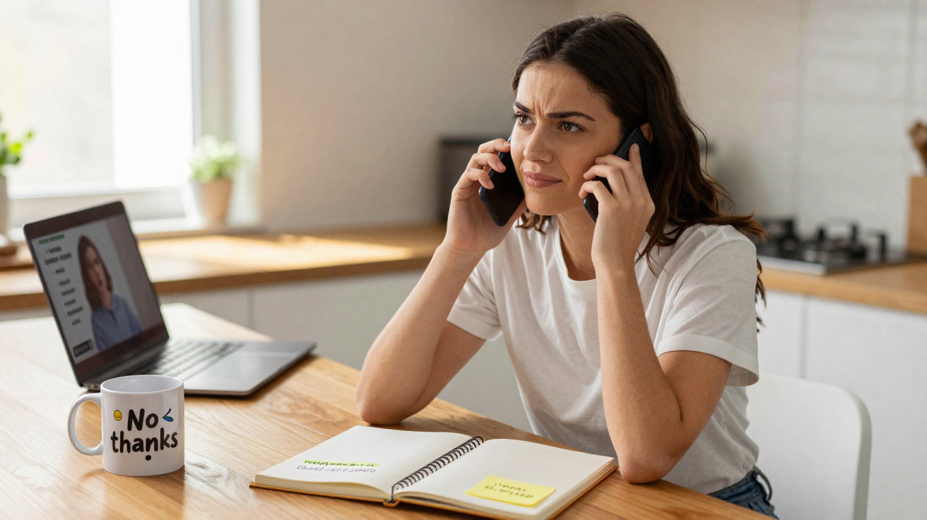 Mulher preocupada fala ao telemóvel em casa, com computador e caderno numa mesa de madeira clara.