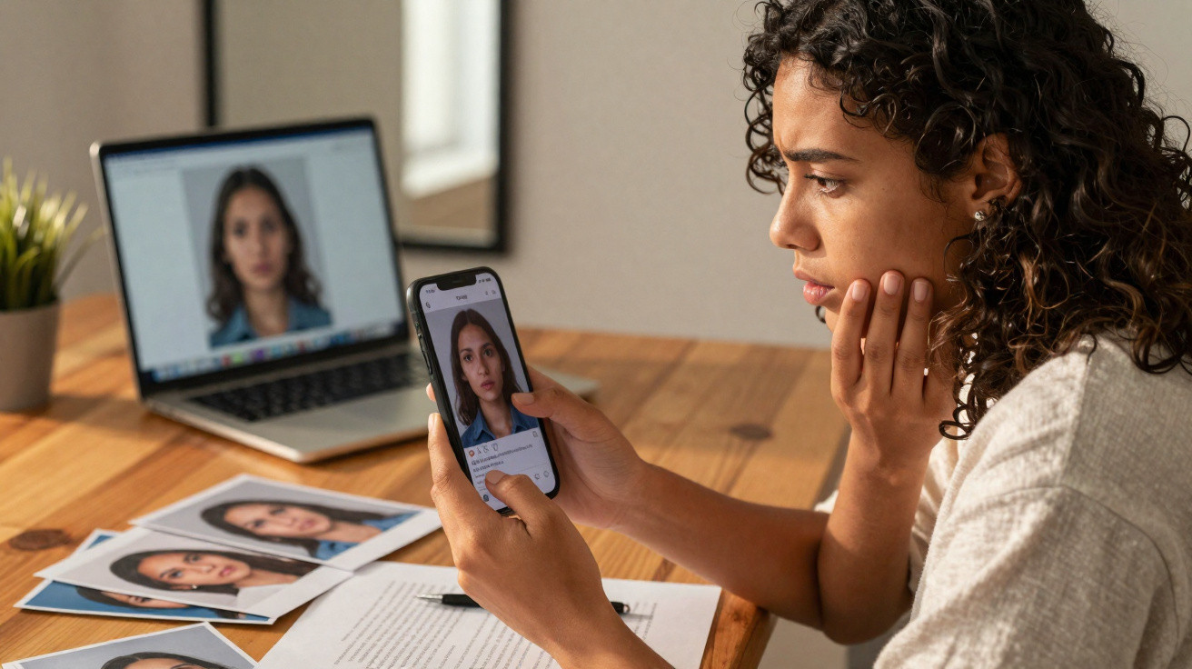 Mulher a analisar fotografias de rosto no telemóvel, com várias impressões e um portátil à sua frente.