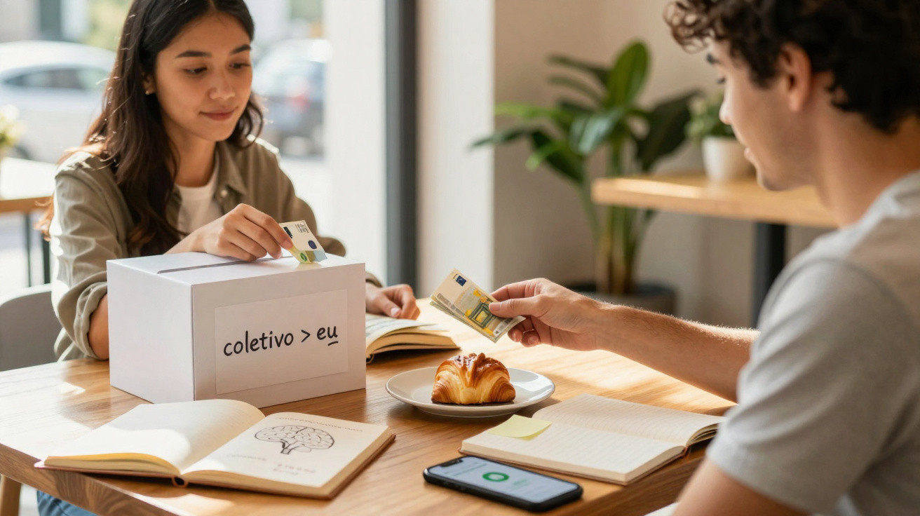 Duas pessoas a contribuírem com dinheiro numa caixa com a frase "coletivo > eu" numa mesa com livros, croissant e telemóvel.