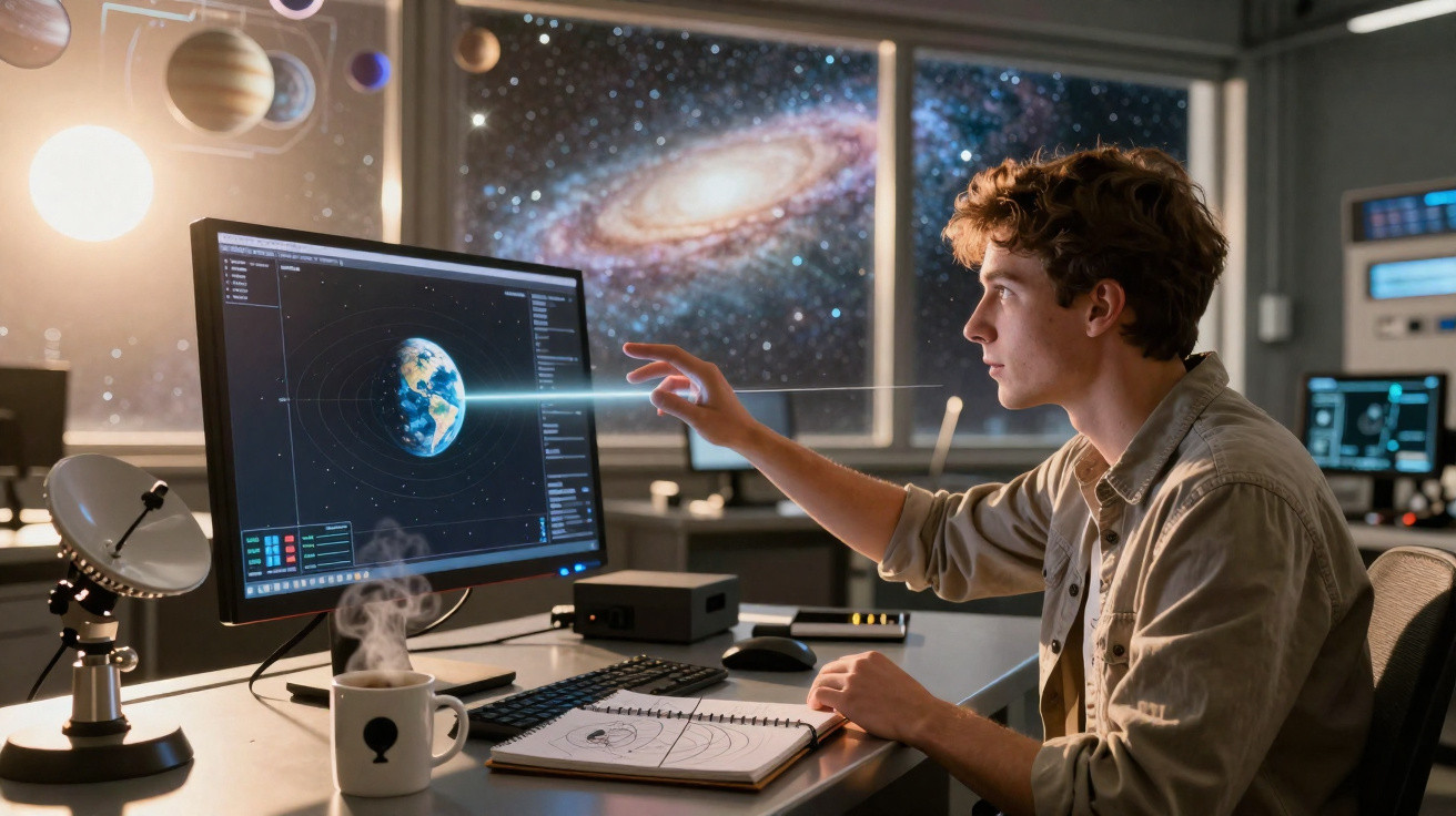 Jovem a estudar o sistema solar no computador numa sala com imagens do espaço e galáxias.