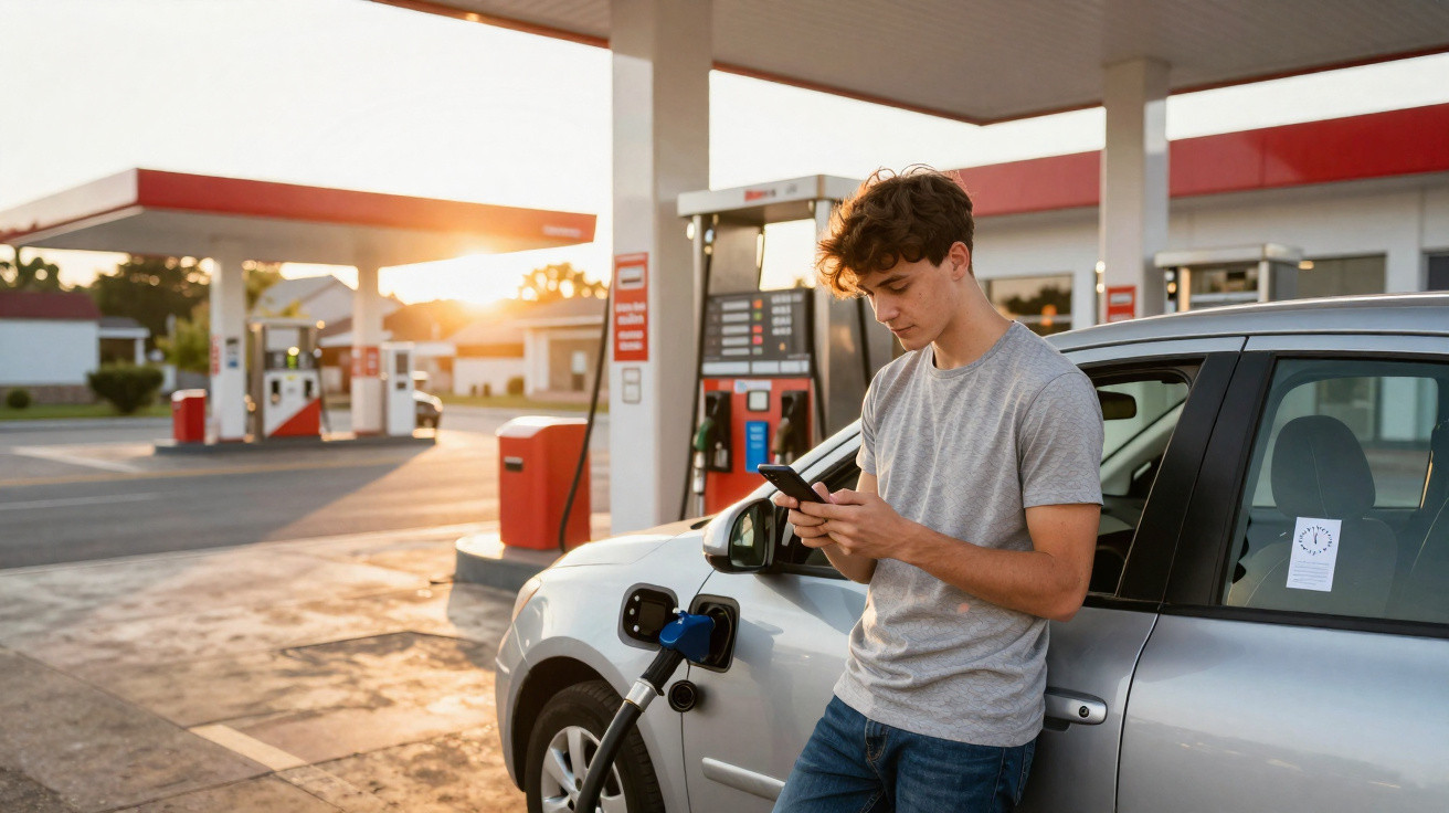 Jovem encostado em carro cinzento numa bomba de gasolina, manuseando telemóvel ao pôr do sol.