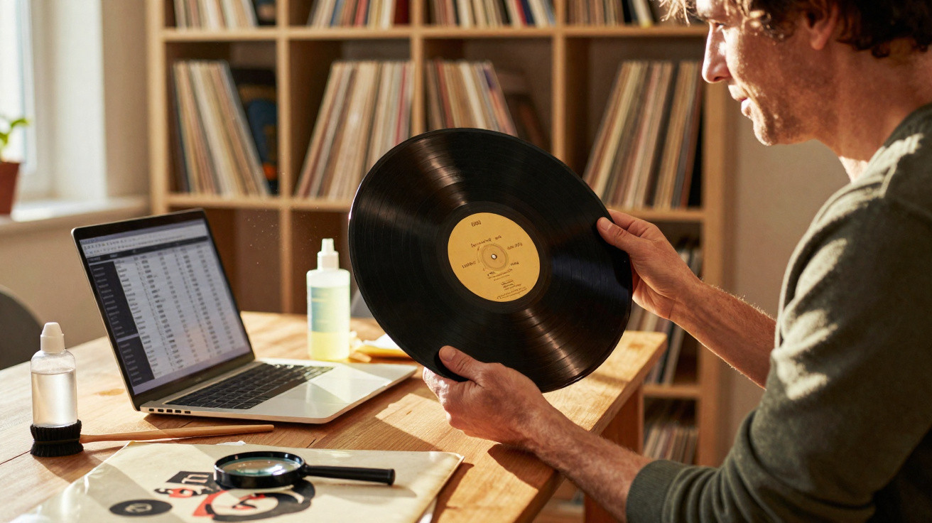 Pessoa a limpar um disco de vinil numa mesa com computador portátil e estante de discos ao fundo.