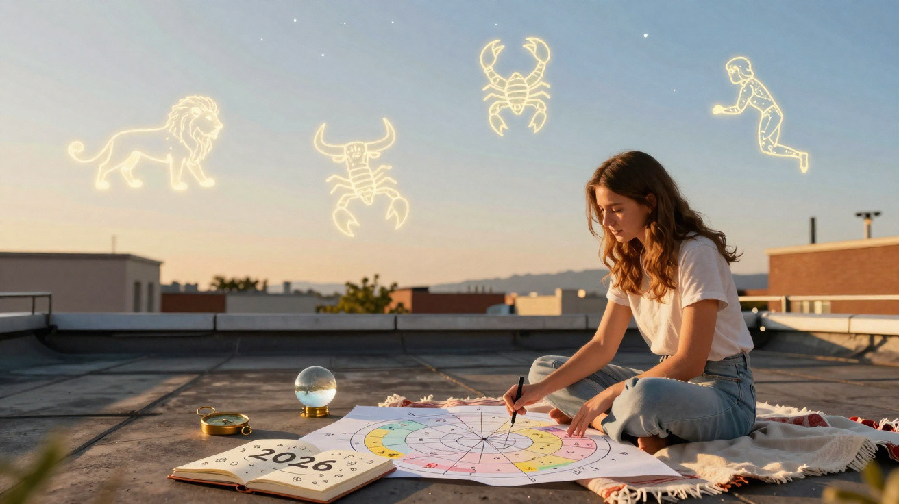 Mulher sentada no telhado a desenhar um mapa astral com símbolos de signos zodiacais brilhantes ao fundo.