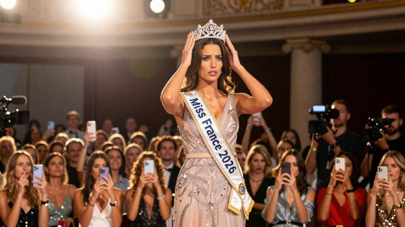 Mulher com faixa Miss France 2026 a colocar a coroa, com público e fotógrafos ao fundo.