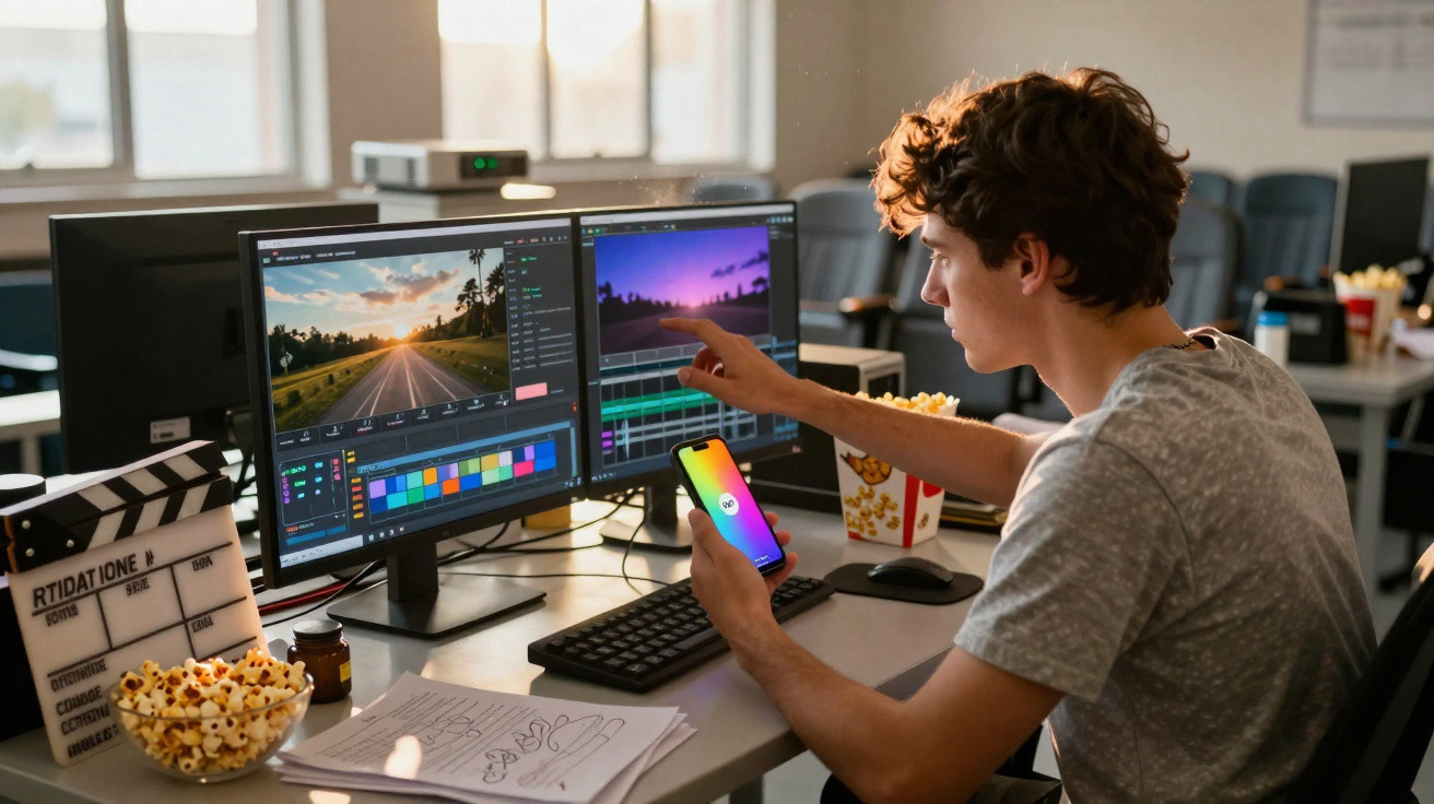 Jovem a editar vídeo em computador com dois ecrãs, segurando telemóvel, rodeado de pipocas e objetos de escritório.