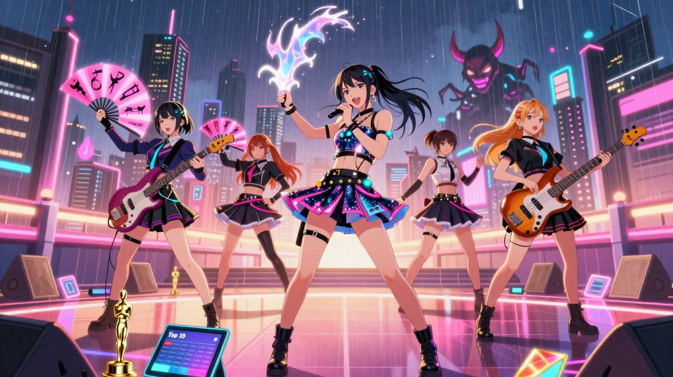 Grupo feminino de anime a tocar música num palco futurista com cidade e monstro roxo ao fundo à noite.
