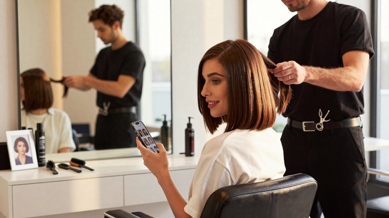 Mulher no cabeleireiro a olhar para o telemóvel enquanto o cabeleireiro lhe arranja o cabelo castanho liso.