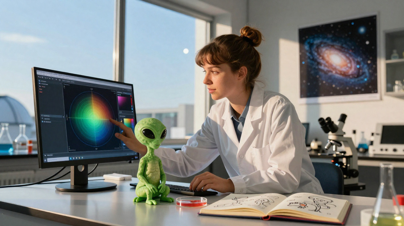 Mulher cientista em laboratório a trabalhar num computador com figura de alienígena e esquema científico na mesa.